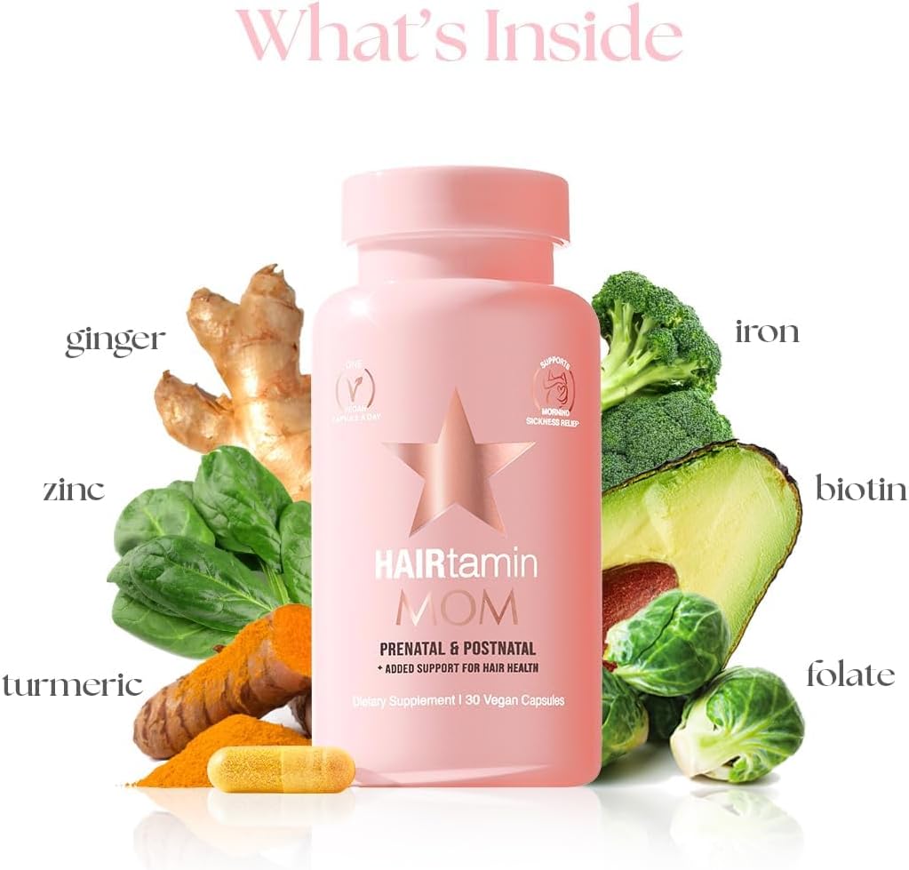 HAIRtamin MOM Vegan Prenatal & Postnatal Multivitamin Supplement & Hair Vitamin Pregnancy, Postpartum, Breastfeeding Probiotic One-a-Day Hair Vitamins with Biotin, Zinc, Iron (30 Counts)