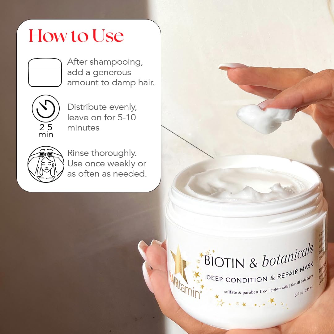 HAIRtamin Hair Conditioner - Biotin & Botanicals Deep Conditioning Mask for Dry, Damaged, Bleached Hair Repair, Moisturizing Hair Treatment for Curly Hair, 8 Fl Oz
