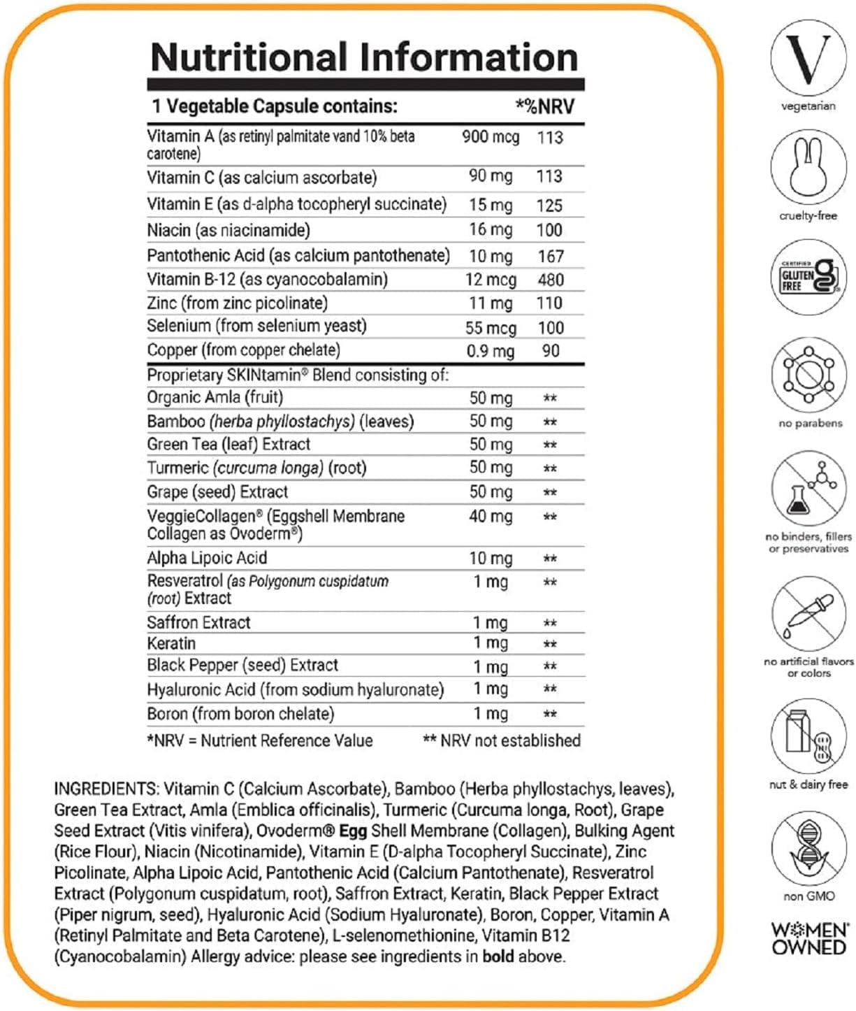HAIRtamin SKINtamin Vegetarian Collagen Pills | Best Collagen Supplements for Women to Support Skin Firmness and Wrinkles | Skin Supplement Formulated to Help Reduce Blemishes