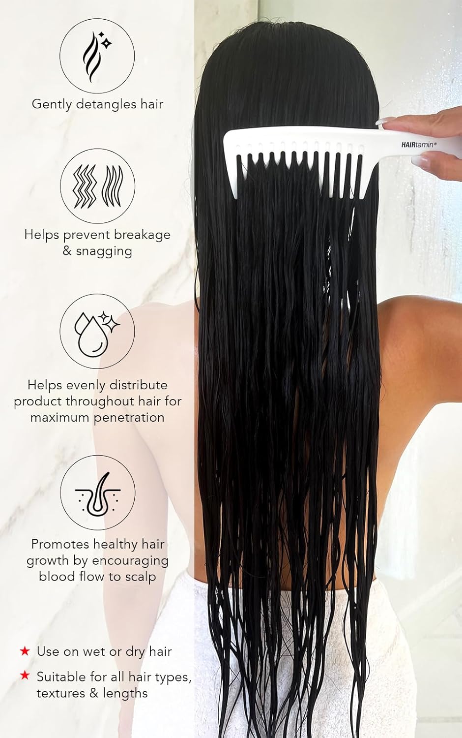 HAIRtamin Wide Tooth Comb Detangler for All Hair Types and Lengths | Pain-Free Detangling Brush for Adults & Kids - Plastic, White, 1 Count